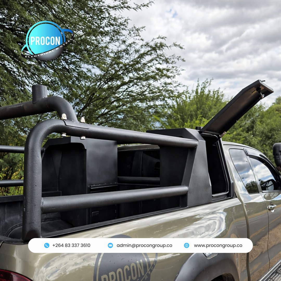 Pickup truck with custom steel canopy and roll-bar
